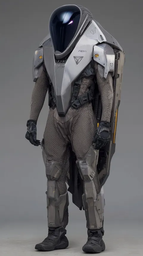 A alien figure with a armoured race suite in stainless steel panels over high tech material mesh fab