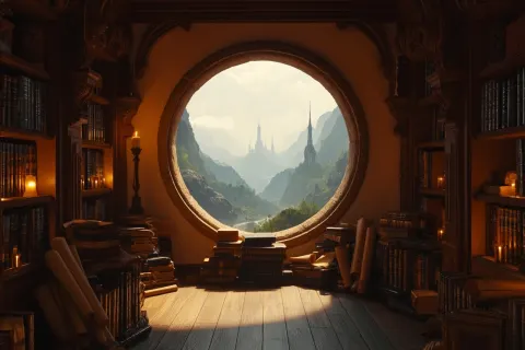 A beautiful dark academia study filled with arcane and magical books