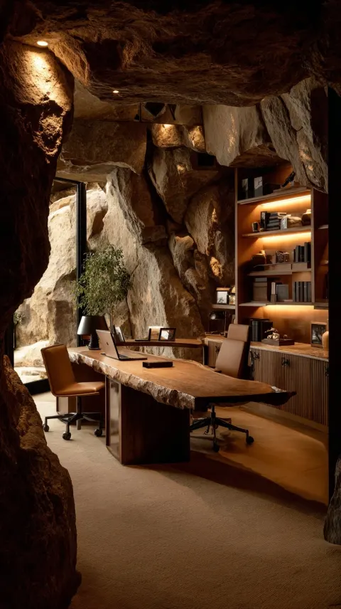 A beautiful home office with an extra-large desk made of rough rock. behind the wall is a massive bo