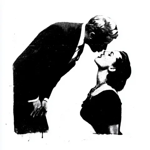 A black and white stencil of a tiny 1940s business man dropping into a woman's mouth. eerie. white b