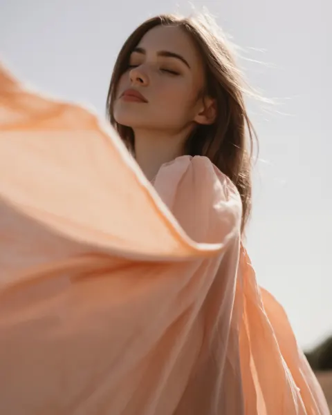 A cinematic close-to-mid shot captures a young international female model standing in an open summer