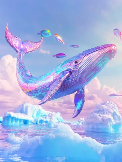 Crystal Glass Whale Flying Over Icebergs