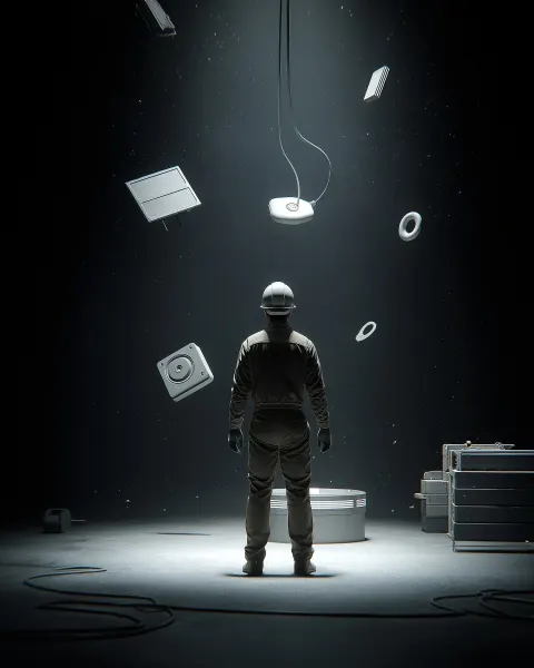 A cinematic industrial scene captured from an over-the-shoulder perspective of a machine operator st