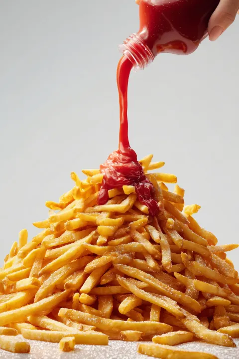 Hyperrealistic studio shot of a massive mountain of crispy french fries
