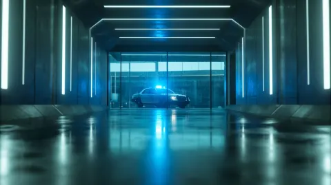 A cinematic photograph of a high-tech police station hallway at night, futuristic design