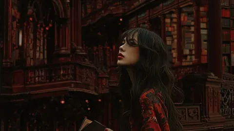 A cinematic shot of a young Japanese woman with long wavy black hair