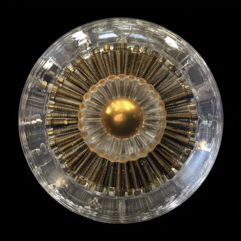 A circular glass-and-metal orb presented frontally like a sacred lens, optical relic