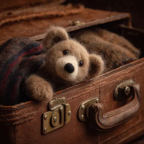 A cozy macro medium shot of a needle-felted Brown Bear peeking out of a vintage brown leather suitca