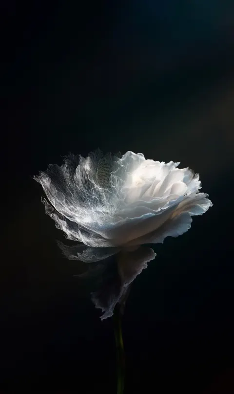 A delicate flower unfolding from monochrome line art into soft photorealistic petals