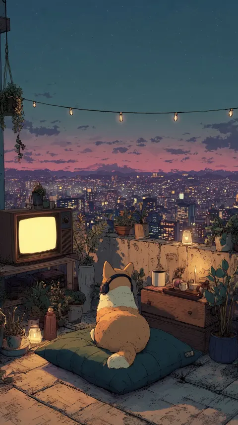 A detailed anime-style Lofi illustration of a corgi with headphones