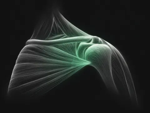 A detailed anatomical illustration of a human shoulder joint on a solid black background