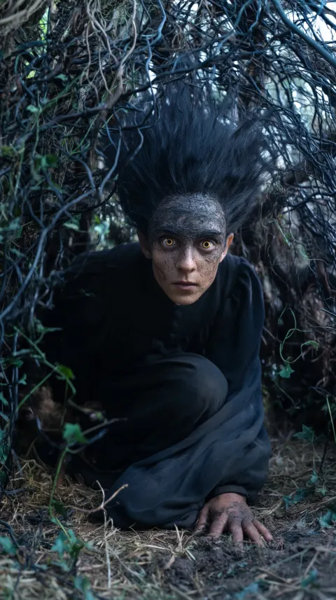 Cinematic movie still from a dark fantasy epic, a perfect fusion of 65% gritty photorealism