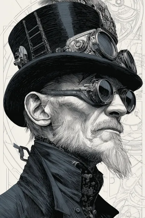 A detailed schematic drawing of an older man with steam punk influences