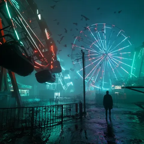 Haunted carnival, broken rides, flooded, neon lights, crows