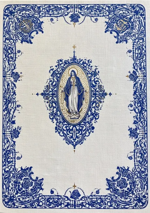 A front-facing Catholic book cover in a classical fine-press style, predominantly white