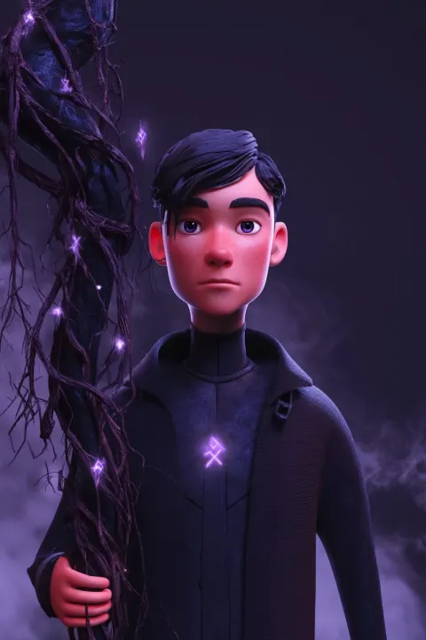 A front view 3D render of a 22-year-old male human dark magic scholar facing the camera