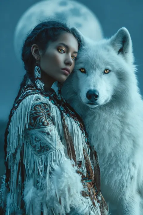 A full-body photo of a beautiful young native american woman with yellow eyes