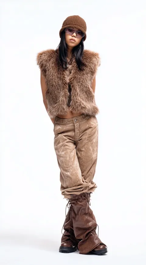 A full-body photo of an Asian woman wearing a brown fur vest, Y2K-style flared pants