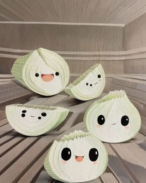 A group of pieces of chopped onion with cartoon faces in a sauna, bd style