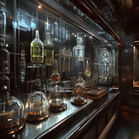 A jewelry display room blending elements of an alchemy laboratory and futuristic technology