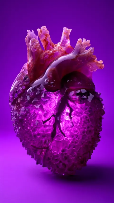 A life-sized human heart carved from a single massive amethyst geode sits centered on a rich purple