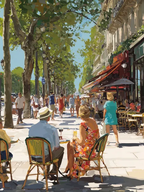 A middle aged couple sitting at a sidewalk French cafe on the Champs Elysées in mid Spring. He's wea