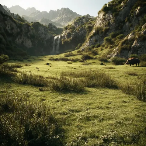 A lush savannah natural landscape that looks almost like a hidden valley. a green valley filled with