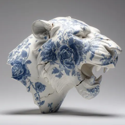 Lioness head in profile (side view), no body, matte white sculptural surface (plaster / gypsum / sto