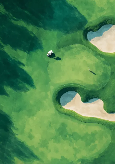 Top-down view of a golf course, with sand dunes in the distance and a person playing in the far back