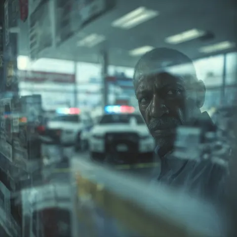 A man looking out from a service station window into the forcourt