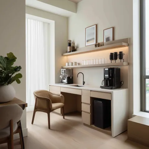 A minimal and modern hotel room where the coffee-making counter is visible.