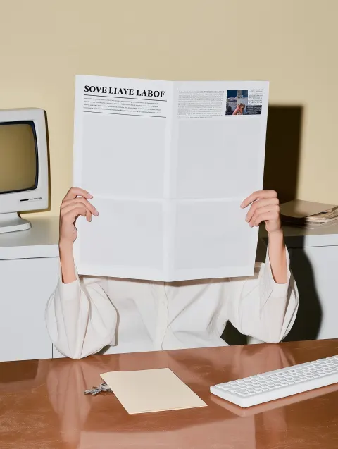 A minimalist editorial mockup of a woman sitting at a table reading a completely blank white newspap