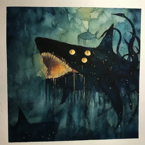 Watercolour fantasy planescape art, a terrifying shark monster with a mouth inside a mouth