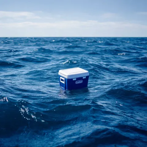 A photo of a coleman style blue and white plastic cooler floating in the middle of the ocean