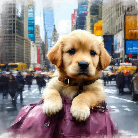 Golden Puppy Shining in a Hazy Cityscape
