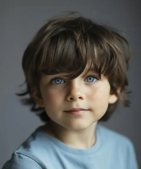 A photorealistic close-up portrait of a small 3-year-old child with blue eyes and a delicate natural
