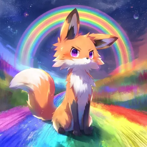 A determined Fox with purple eyes, on a rainbow pathway with a rainbow in the background