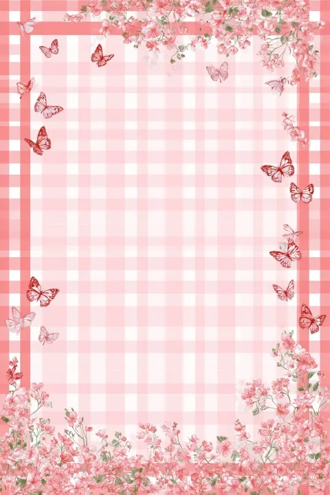 A pink gingham pattern with a border of butterflies and flowers, in a clipart style, for writing on.