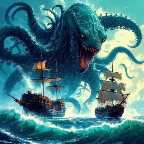 Colossal Tentacle Monster Sinking a Pirate Ship
