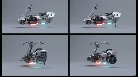 A professional vehicle design sheet of an ultra-modern floating anti-gravity hover-scooter. 4-panel