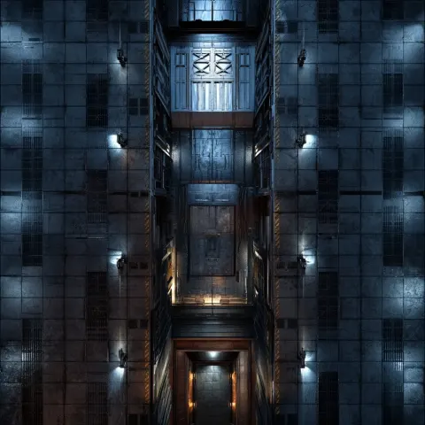 A pure top-down orthographic view of an empty unpopulated heavily fortified megacorp security checkp