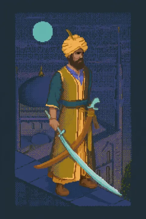 A retro old 1980s video game of a middle eastern man wearing a turban holding a long curved sword. s