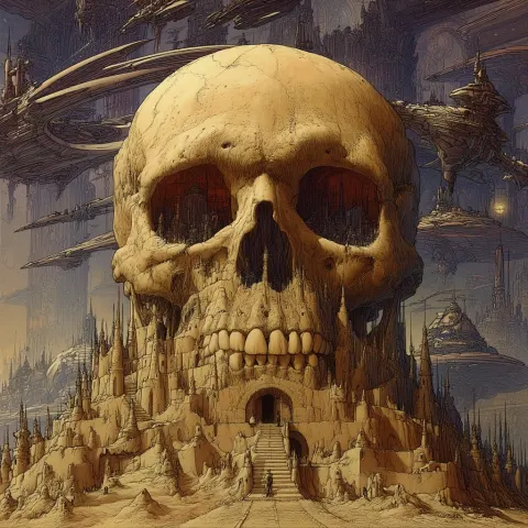 A sand castle in a painting with a skull with the city inside
