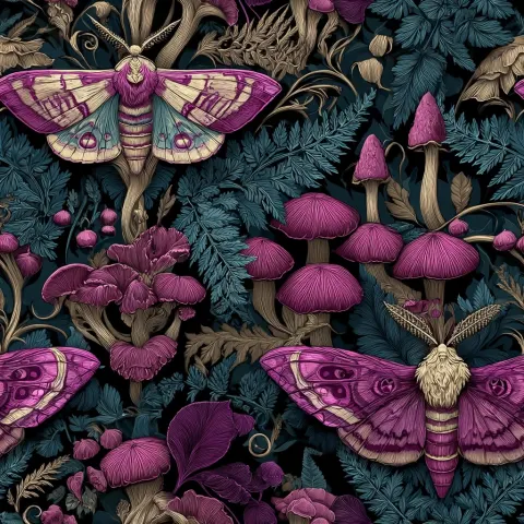 A seamless texture design featuring a moth surrounded by mushrooms and ferns in a fantasy art style.