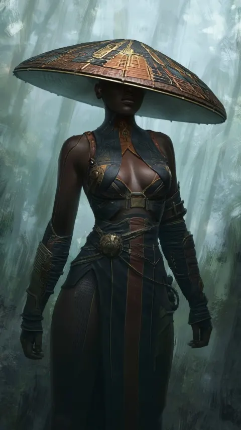 Full-body shot of an african warrior woman wearing a large hat and a futuristic outfit