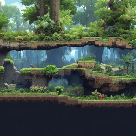 A side-scrolling platformer scene set in a dinosaur-era forest, clean and stylized pixel art