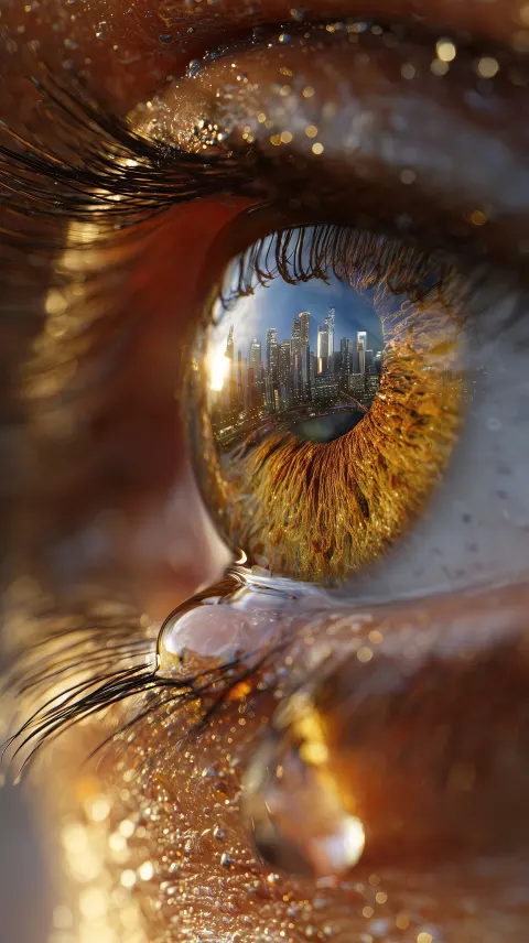 Extreme macro close-up of a human eye, golden-brown iris with intricate fiber details
