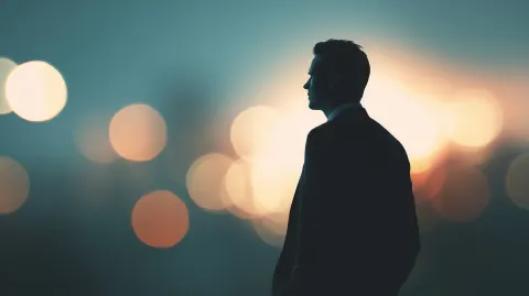 A silhoutte of a CEO in smart casual suit looking into the horizon, bokeh background