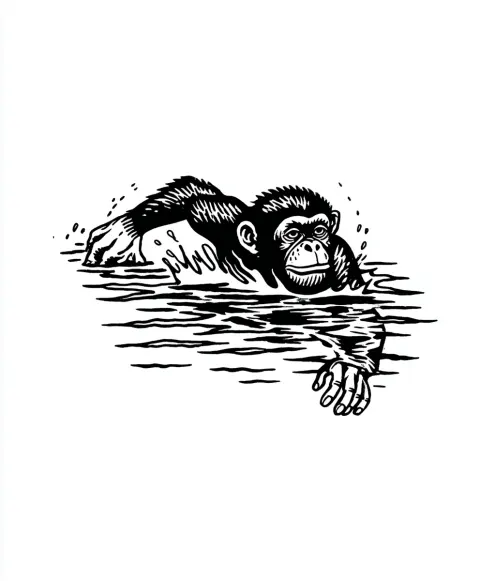A simple black and white tattoo flash of a monkey swimming in water, only head, arms