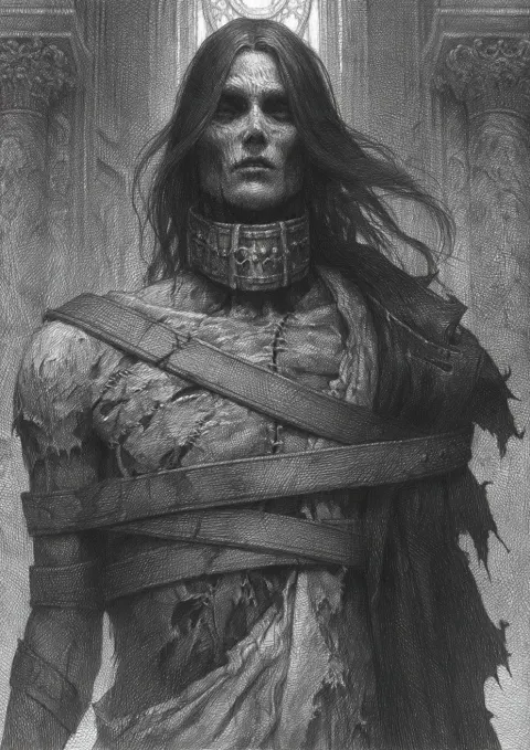 Black and white graphite drawing of a male test subject from Umgalade, fortress island prison